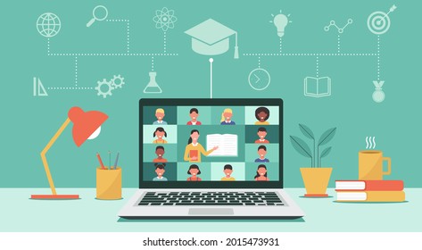 back to school online concept, distance learning or online education, home school with woman teacher teaching young students via laptop computer screen with icon, flat vector illustration