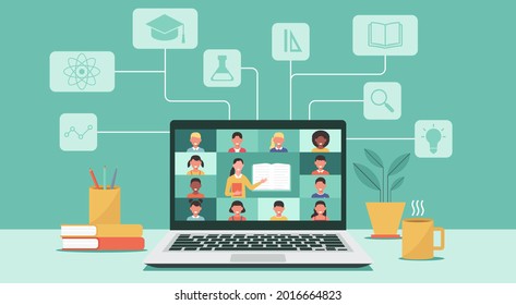 back to school online concept, distance-learning or online education, home school with woman teacher teaching young students via laptop computer screen with icon, flat vector illustration