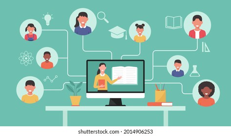 back to school online, distance-learning or online education concept, home school with woman teacher teaching young students via computer screen with icon, flat vector illustration