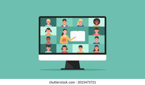 back to school online, distance-learning or online education concept, home school with woman teacher teaching young students via computer screen, flat vector illustration