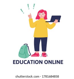 De vuelta a la escuela. Concepto de educación en línea. Niña divertida con gafas apuntando hacia arriba. Niño de la escuela primaria con portátil y bolsa. 