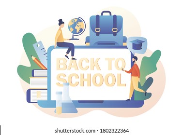 Back to School. Online education concept. Tiny people with laptop, backpack, educational tools, calculator, school stationery, globe and books. Modern flat cartoon style. Vector illustration
