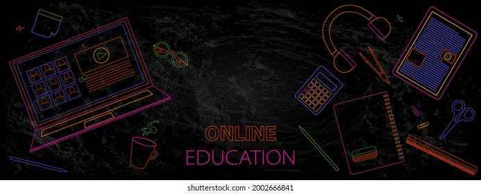 Back To School. Online Education Concept Design With Computer, Tablet, Laptop, School Supplies. Neon Color Line Art Digital School Icon Background, Coffee, Headphone, Calculator