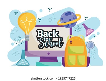 Volver a la escuela educación en línea mochila digital ilustración vectorial