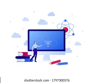 Back to school, online education and science concept. Vector flat person illustration. Male character standing at computer screen. Book, pencil and atom symbol. Design for banner, web, infographic.