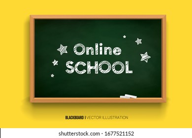 Back to school. online learning. Chalk inscription on a blackboard. Chalkboard 3D. Realistic black boards in a wooden frame isolated on a yellow background. Background for school