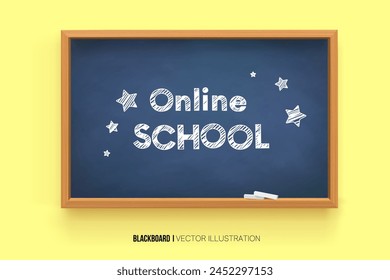 Back to school. online learning. Chalk inscription on a blackboard. Chalkboard 3D. Realistic blue boards in a wooden frame isolated on a yellow background. Background for school