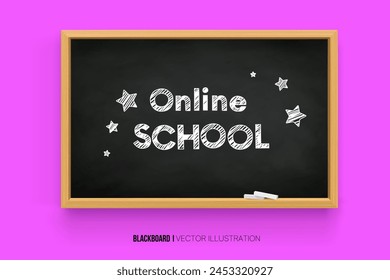 Back to school. online learning. Chalk inscription on a blackboard. Chalkboard 3D. Realistic black boards in a wooden frame isolated on a pink background. Background for school