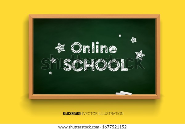 Back to\
school. online learning. Chalk inscription on a blackboard.\
Chalkboard 3D. Realistic black boards in a wooden frame isolated on\
a yellow background. Background for\
school