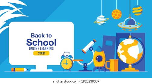 Back to school, Online Learning, child, kids, social distancing, flat design, vector illustration.