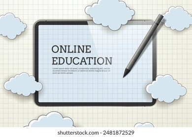 Back to school, online learning. Tablet or smartphone on a checkered paper background with clouds. Vector illustration.