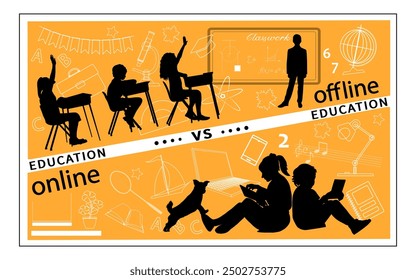 Back to school. Online or offline education. Children silhouettes with school  icons on yellow background. Vector illustration.	
