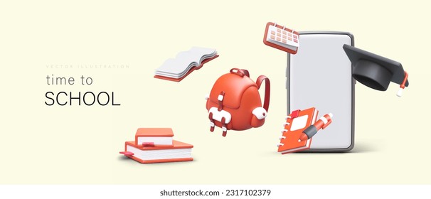 Back to school. Online selection of things necessary for studying. Lesson schedule in phone. Advertising of educational programs and applications. Horizontal banner with 3D elements in cartoon style