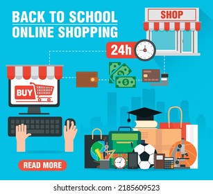 Back To School Online Shopping. Sale Concept Modern Design Flat Style. Vector Illustration