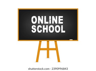 Back to school. Online training. Inscription with chalk on a blackboard. Chalk board 3D. Realistic black boards in a wooden frame. Communication. Background for school, University. Vector illustration