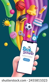 Back to school online vector design. Welcome back to school greeting text with mobile phone e learning course application for distance class and tutorial poster. Vector illustration school online 