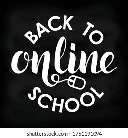 Back to school online vector illustration for card, ad, logo, background, invitation. On-line education template. School year calligraphy print. Remote education announcement poster. Hand drawn banner