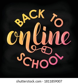 Zurück zur Schule Online-Vektorgrafik für Karte, Werbung, Logo, Hintergrund, Einladung. Online-Schulungsvorlage. Kalligraphiedruck im Schuljahr. Fernerkundungspaket für die Ausbildung. Handgezeichneter Banner