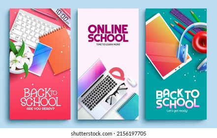 Back to school online vector poster set design. Back to school text with laptop, tablet and keyboard device elements for virtual e-learning background background. Vector illustration.
