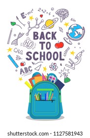 Back To School. Open School Backpack Full Of Stationery With School Doodle On White Background. Vector Illustration.