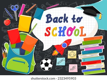 Back to school. Open school backpack full of bools and stationery with school subject doodle and hand drawing lettering.