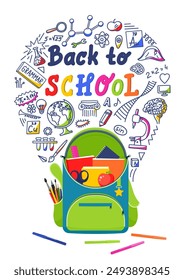 Back to school. Open school backpack with school subjects doodle and hand drawn lettering.