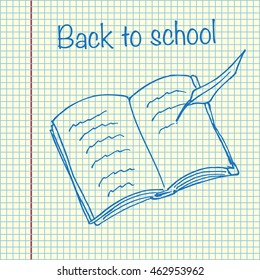 Back to school. Open book. Book with feather. Hand drawn vector stock illustration. Sheet ball pen drawing. 