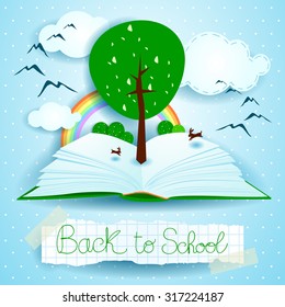 Back to school, open book with landscape and tree. Vector illustration eps10
