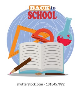 back to school, open book ruler protractor pencil and chemistry flask elementary education vector illustration