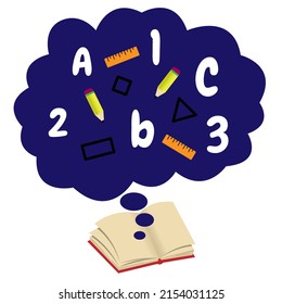 Back to school. An open book shows a variety of school supplies and school lessons. Suitable for school events