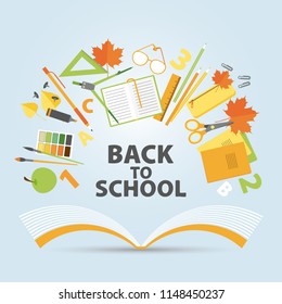 Back to school. Open book and school supplies on blue background. Vector illustration. School accessories: notebook, pencil, scissors, glasses, ruler, paint, аpple, paper clips, numbers, letters.