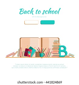  back to school, open book with school supplies. Web page template. Vector illustration.