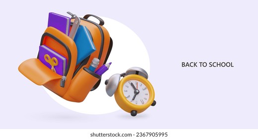 Back to school. Open realistic backpack with school supplies, alarm clock. Time to buy school supplies. Advertising concept of stationery store. Announcement of school fair, sale