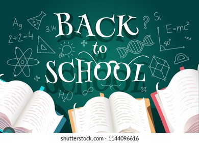 Back to School. Open textbook. Scientific icons. Blackboard