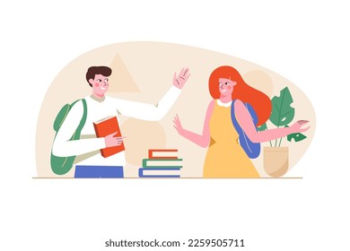 Back to school orange concept with people scene in the flat cartoon style. Boy and girl prepare to go back to school after summer vacation. Vector illustration.
