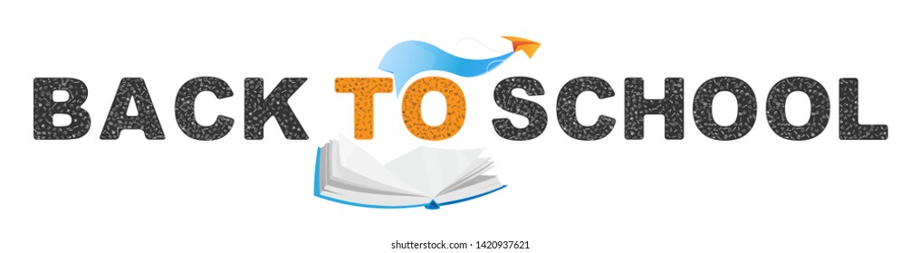 Back to School. Original Font inscription with icons on the background and with a book and a paper airplane. Vector education concept.