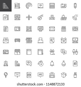 Back to school outline icons set. linear style symbols collection, line signs pack. vector graphics. Set includes icons as Ruler, Testing, Art, Chalkboard, Calculator, Computer, Pencil, Exam, Abacus