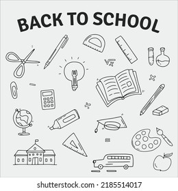 Back to school outline illustrations pack, school supplies, class equipment items, first day of school, chalkboard