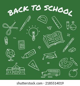 Back to school outline illustrations pack, school supplies, class equipment items, first day of school, chalkboard