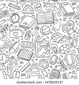 Back to school outline pattern doodle. Different school supplies and tools background First day of school. Education pattern. Pen, pencil, book, ball, globe, ball, backpack, chemistry flasks, ruler.
