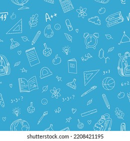 Back to school outline pattern doodle. Different school supplies and tools on a blue background. Pen, pencil, book, ball, globe, triangle, backpack, chemistry flasks, ruler, calculator.