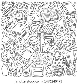 Zurück zum Schulumriss. Schulbedarf und -werkzeuge. Erster Schultag. Bildkollektionssymbole in der Reihe. Stift, Stift, Buch, Ball, Globus, Ball, Rucksack, Chemiefaser, Bürste, Lineal - Vektorillustration
