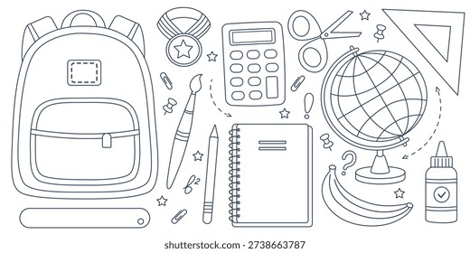 Back to school outline vector set. School supplies line art illustration collection with backpack, notebook, globe, calculator, scissors, ruler, glue. Isolated on white background. Coloring page design.