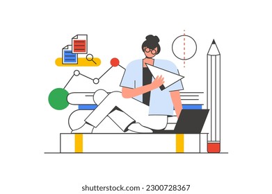 Back to school outline web concept with character scene. Student studying online and making homework. People situation in flat line design. Vector illustration for social media marketing material.