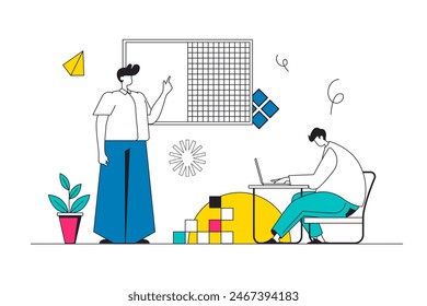 Back to school outline web concept in modern flat line design. Student doing homework at laptop, learning lessons, preparing to exam, watching video lectures sitting at desktop. Vector illustration