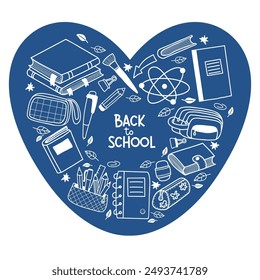 Back to school. Outline white doodles drawing set. Linear stationery and art supplies set. Accessories for study, student equipment, hobby items in shape of heart. Vector illustration