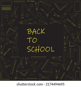 Back to School outlined cartoon set. Learning school icon silhouette collection. First day school equipment, Education concept icon kit. Scissors, laptop, smartpone, pen, paints vector