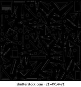 Back to School outlined cartoon set. Learning school icon silhouette collection on black background, Education concept icon kit. Scissors, laptop, smartpone, pen, paints vector