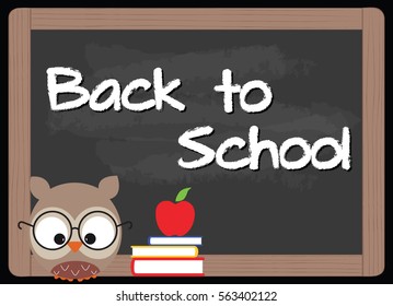 back to school, owl with glasses, books and red apple next to a blackboard with written on "back to school"