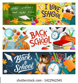 Back to school, owl in glasses and graduate cap, education supplies and student bag. Vector I love school banner with pencil, notebook, owl teacher in glasses and clock, watercolors and paper plane